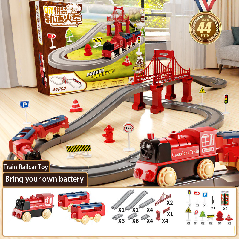 Toy Train Track Set - 44-teiliges Elektrisches Eisenbahn-Set Zusammenbaubares Schienen-Zug-Spielzeug Lehrreiches